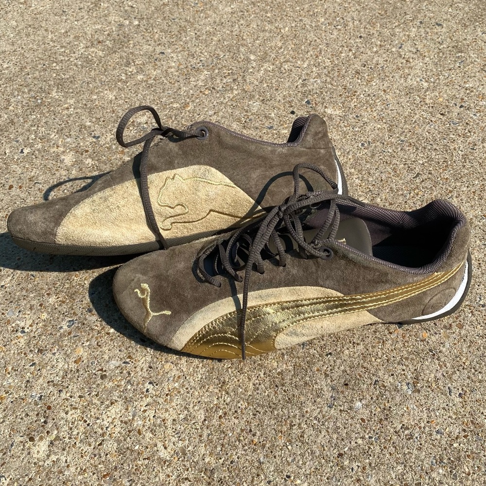 Brown, Cream & Gold Suede Puma Sneakers 6.5